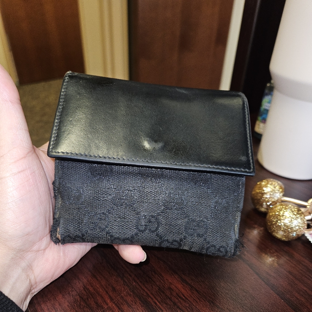 GUCCI Jackie Horse bit leather and canvas compact wallet. Black
